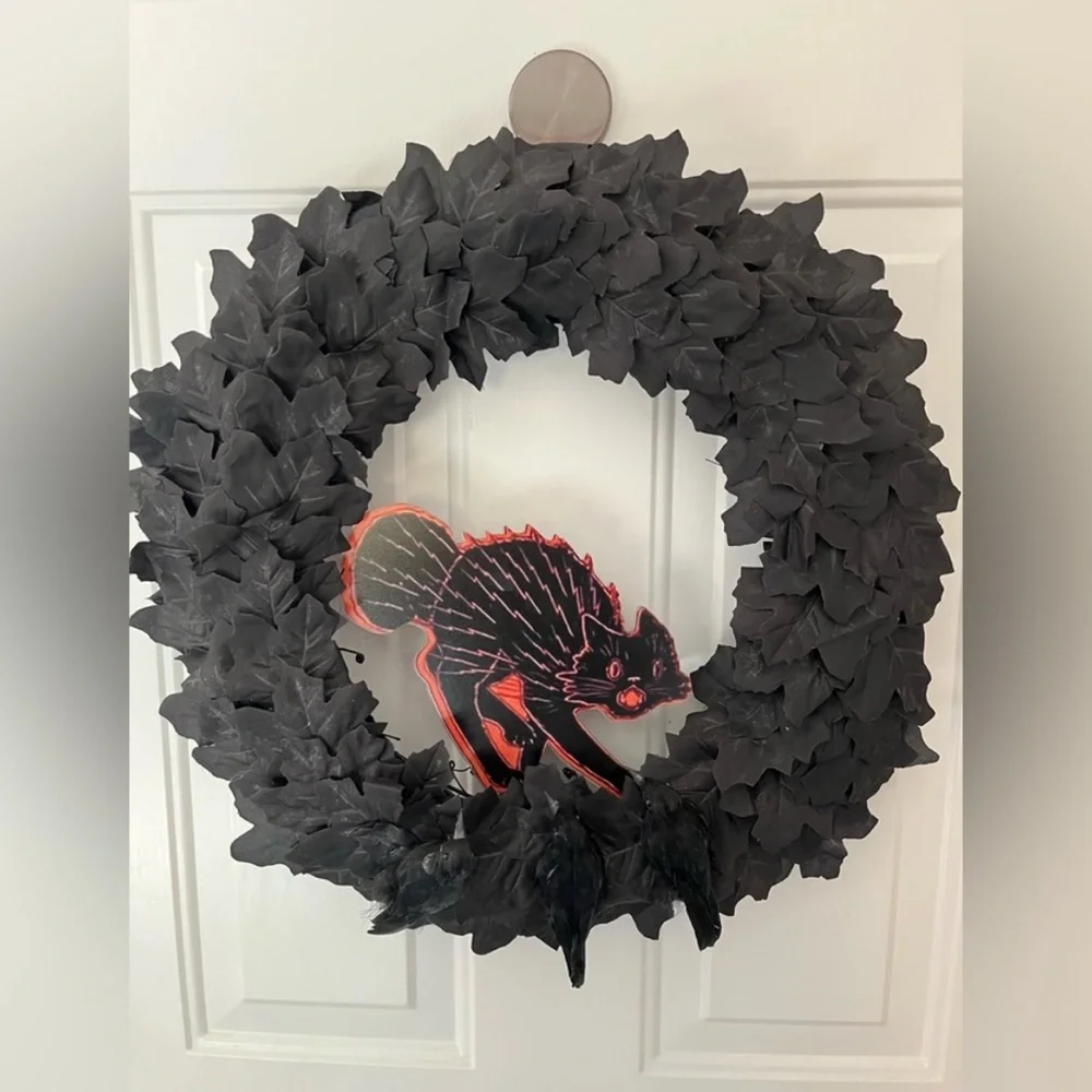Hand Crafted Black Scaredy Cat Raven Wreath Black Leaves Black Orange Cat Goth